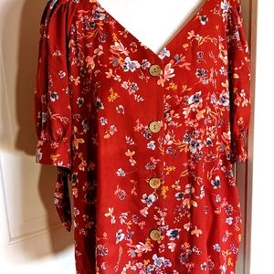 LC Lauren Conrad Red Floral Button-Front Blouse